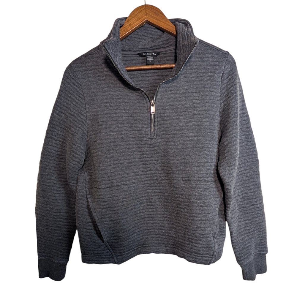 ATHLETA Gray Ribbed Tencel Lyocell Ottoman Half Zip Cropped Pullover Sweatshirt